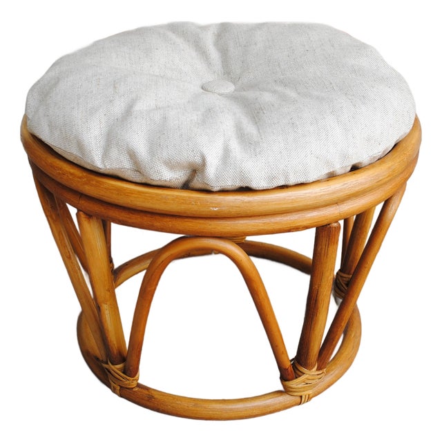 Vintage Natural Bamboo Rattan Round Stool Ottoman With Cushion For Sale