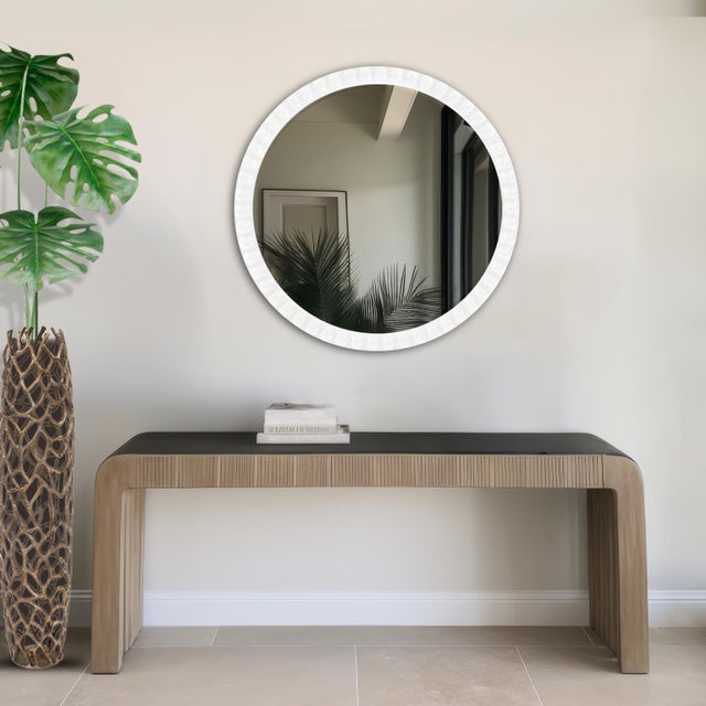 Glass Varsha Round Oversized Beaded Mirror in Glossy White For Sale - Image 7 of 9