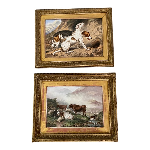Pair of Berlin Porcelain Plaques 19th Century of Animals in Highland Settings For Sale