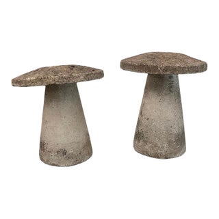 Mid-20th Century English Style Cast Stone Mushroom Staddle Stones - Pair With Varied Heights For Sale