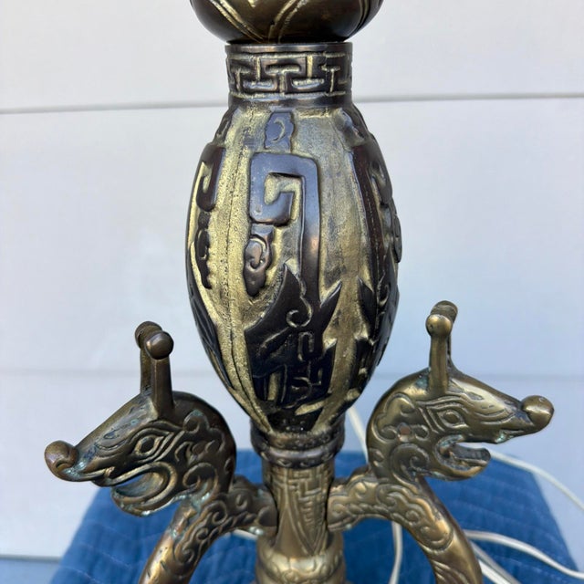 Mid 20th Century Chinese Archaistic Cast Brass Dragon Table Lamp - Attributed to James Mont For Sale - Image 15 of 18