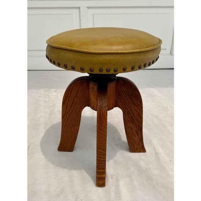 Wood Arts and Crafts Mustard Yellow Nailhead Swivel Solid Wood Stool For Sale - Image 7 of 12