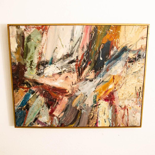 Mid Century Modern Oil Painting Abstract Expressionism Tan Red Yellow Signed For Sale - Image 10 of 12
