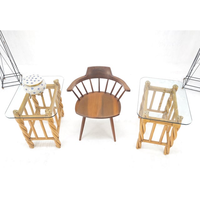 Ficks Reed Pair Decorative Twisted Rattan Rectangle End Side Tables Stand Rounded Glass Top For Sale - Image 4 of 12
