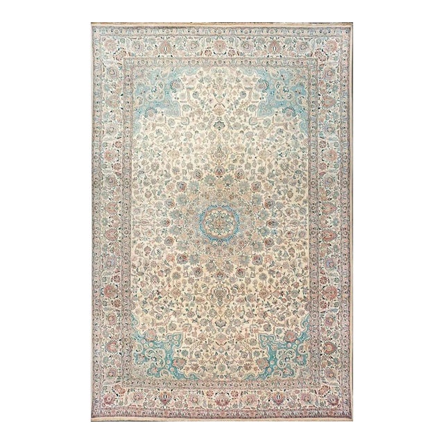 Antique Persian Tabriz Pahlavi Wool 12x18 Ivory, Pink & Teal Handmade Area Rug #9902227 For Sale
