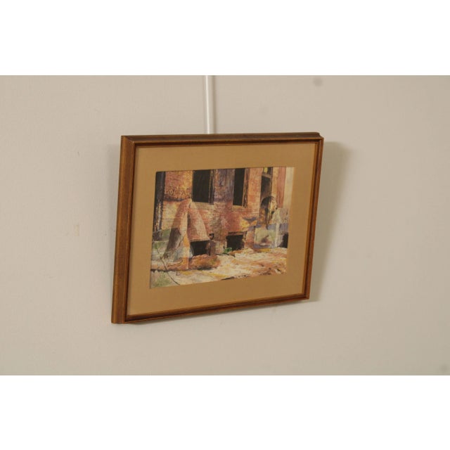 Custom Framed Original Watercolor on Paper of Man Reclining with Brick Building Background, Unsigned