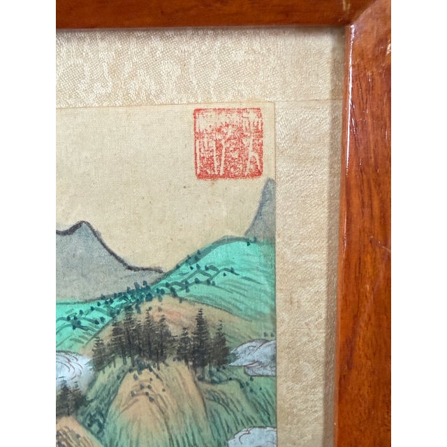 c.1950 Chinese Republic Silk Painting Mountain River Landscape W Figures, Seal Signed For Sale - Image 9 of 12