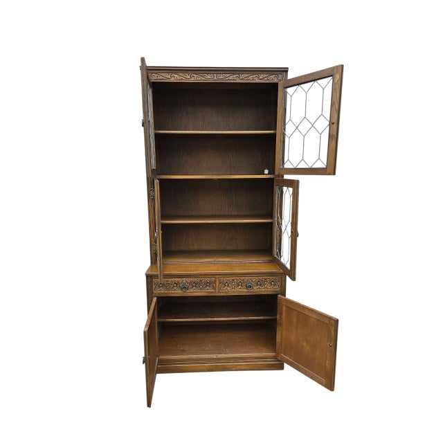 Jacobean 1970s Vintage Oak Wood Bros Jacobean Cabinet Leaded Glass Hutch Bookshelf Old Charm For Sale - Image 3 of 12