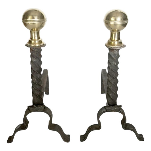 Andirons in Cast Iron and Brass, Black and Gold, France, 1960s, Set of 2 For Sale