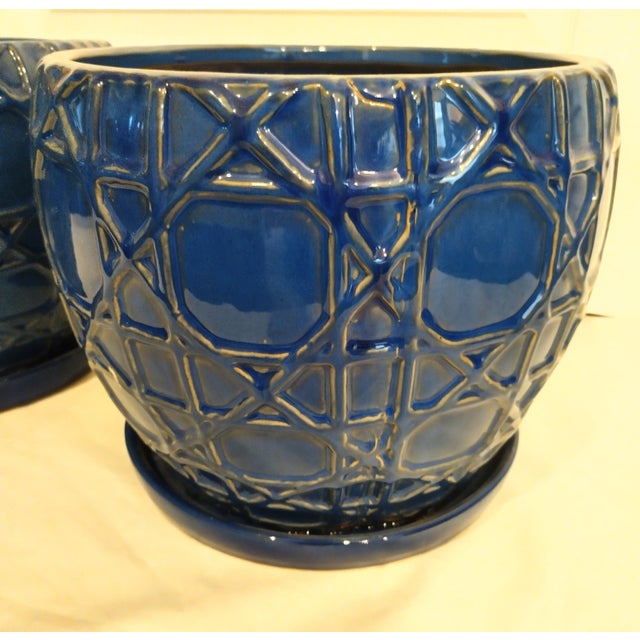 Huge Navy Blue Trellis Pattern Palm Beach Regency Glazed Ceramic Large