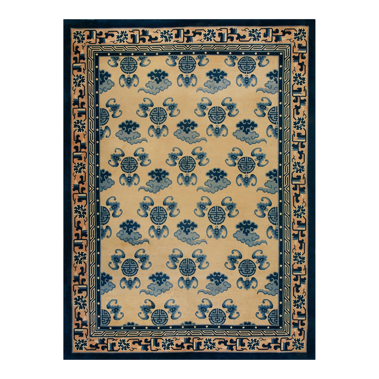 1980s Beige Asymmetric Vintage Chinese Peking Rug 9' X 12' Knotted Wool ...