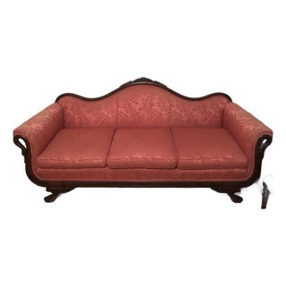 Early 20th Century American Empire Revival Swan-Arm Sofa With Carved Frame and Coral Damask Upholstery For Sale