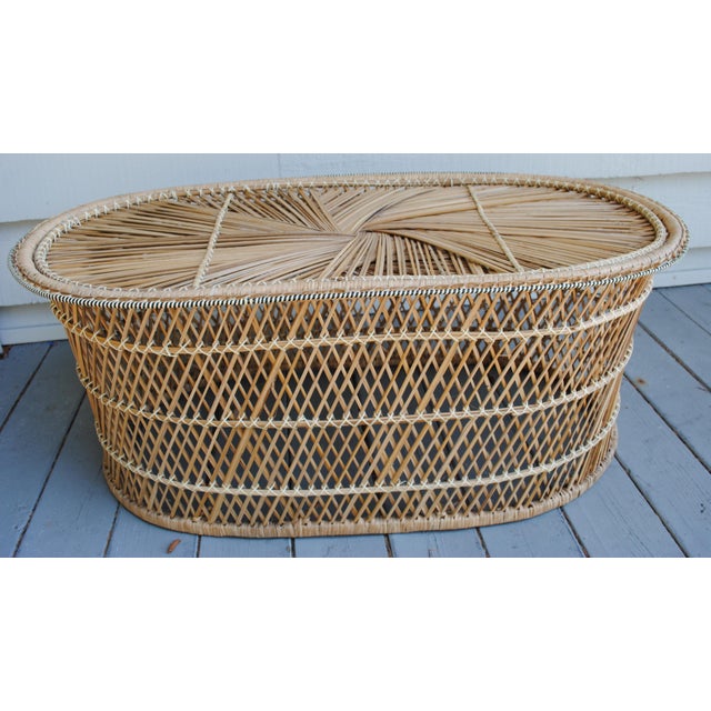 Vintage Rattan Woven Wicker Oval Coffee Table For Sale - Image 4 of 7