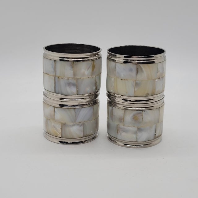 Coastal Late 20th Century Mother of Pearl Napkin Rings Silver Tone Mosaic Shell Table Decor - Set of 4 For Sale - Image 3 of 6