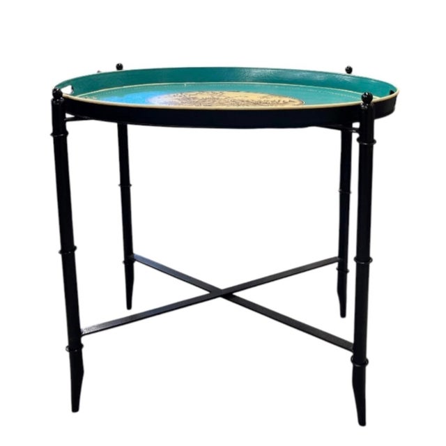 Vintage Chinoiserie-Style Teal and Black Metal Tray Table For Sale - Image 4 of 11
