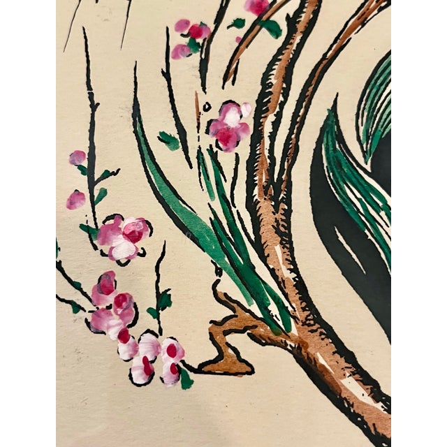 Wood Mid-Century Surrealist Flowers and Turtles Original Watercolor Gouache Framed Paintings Tall 29"h - For Sale - Image 7 of 12