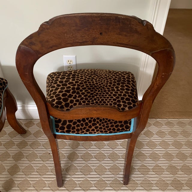 Antique Handcarved Side Chairs With Leaf Design and Leopard Upholstery and Turquoise Welting - a Pair For Sale - Image 9 of 10