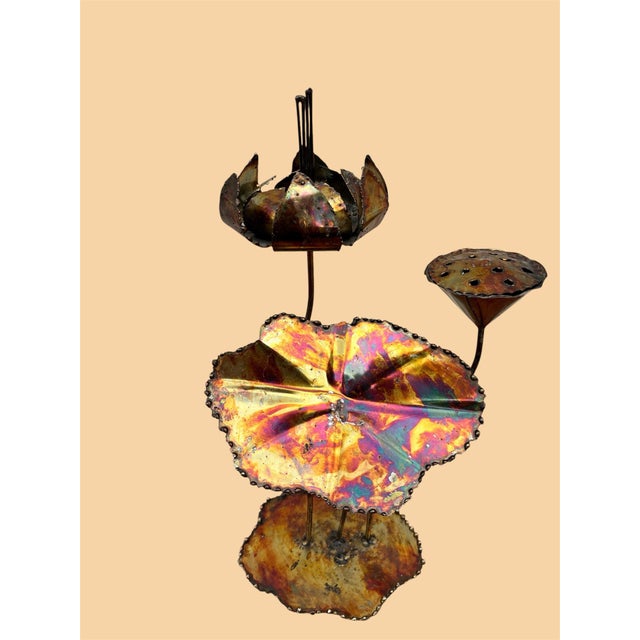 1970s Vintage Brutalist Welded Metal Lotus Flower Sculpture Iridescent Torch Patina Lily Pad Art 18” For Sale - Image 5 of 7