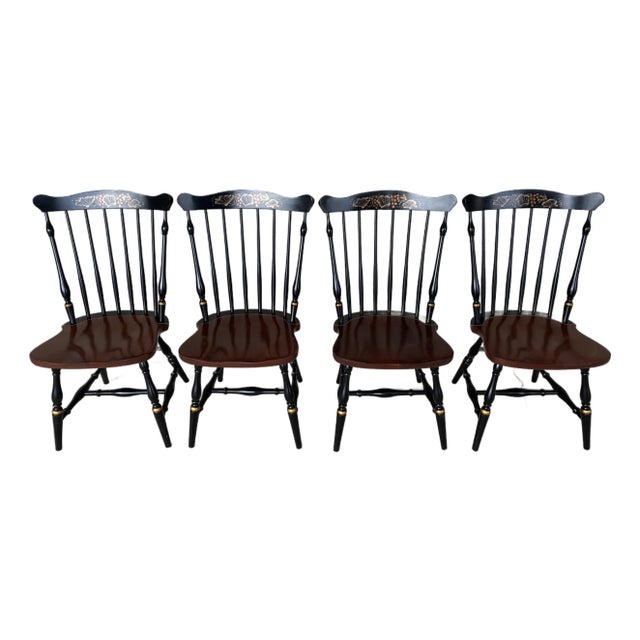 L. Hitchcock Black Harvest Fan Back Windsor Side Chairs - Set of 4 For Sale