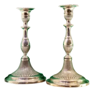 Fluted Silver Candlesticks with Reliefs and Beaded Circular Bases, Set of 2