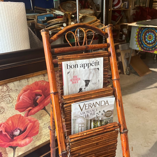 Brown Vintage Standing Bamboo Magazine Rack For Sale - Image 8 of 11