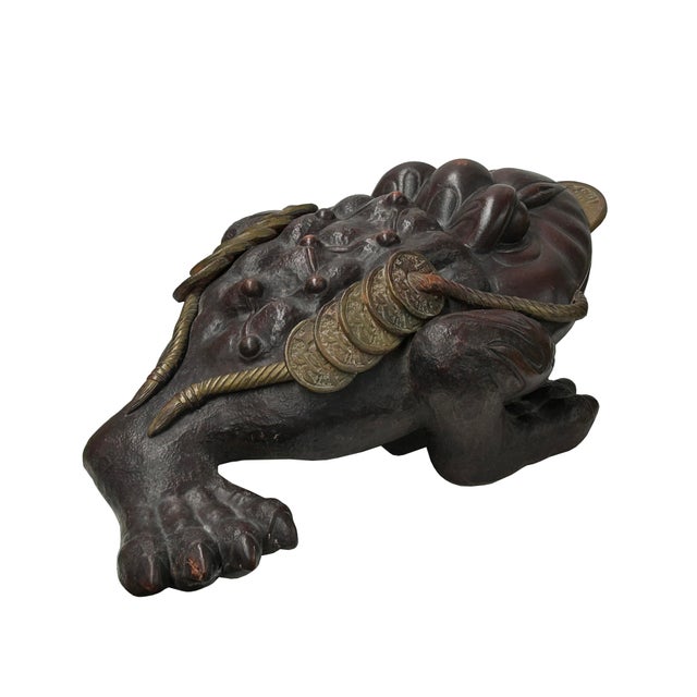Coffee Vintage Chinese Brown Metal Toad Frog Coins FengShui Figures For Sale - Image 8 of 16