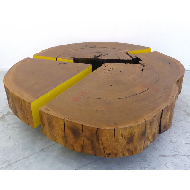 Reclaimed Sculptural Lirio Mirindiba Wood Coffee Table Wheels By