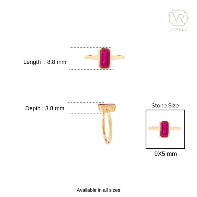 Modern Emerald Cut 1.38Ct Ruby Bezel Solitaire Ring in 14k Yellow Gold Size 7 For Sale - Image 10 of 15