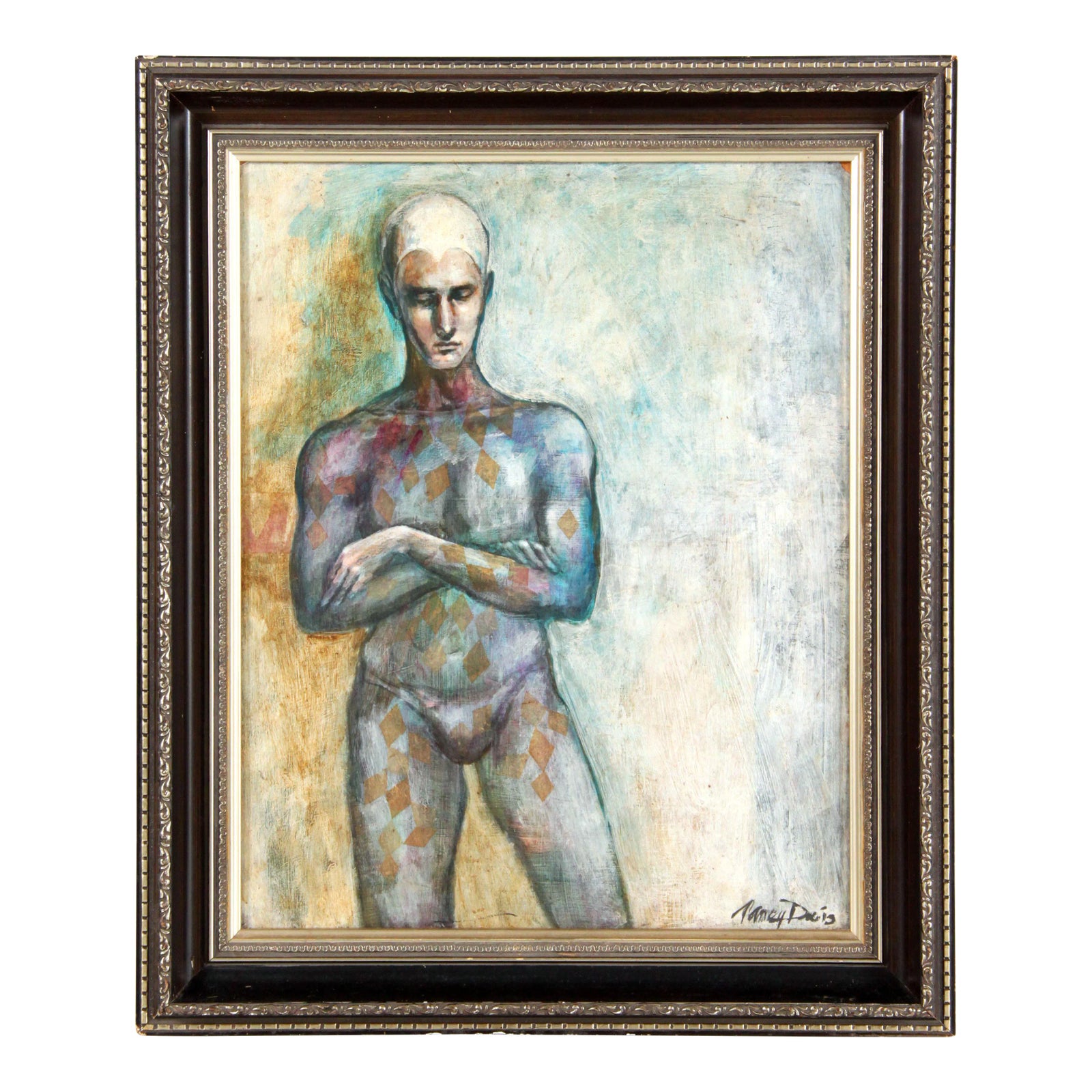 1960's Impressionist Oil on Board Harlequin Male Figure Painting by Nancy Davis