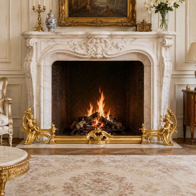 BELLE ÉPOQUE GILT BRONZE FIREPLACE FENDER WITH CHENETS Bouhon, Paris, circa 1900 Sand-cast gilt bronze, marked BOUHON...