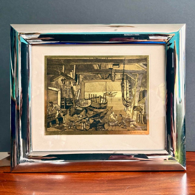 Chrome 1960s Framed Lionel Barrymore “The Old Boat Works” Talio-Chrome Print in SIlver Frame, Mid-Century Nautical Art Reproduction For Sale - Image 8 of 11