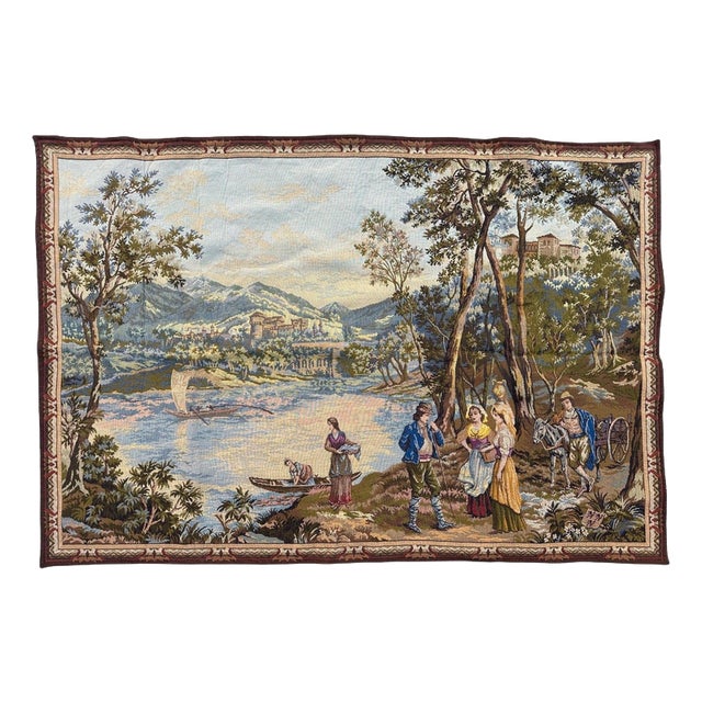 Vintage French By The Lake Jacquard Tapestry in the style of Aubusson, 1970s For Sale