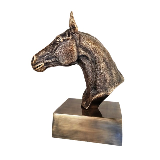 1970s Antique Brass Finish Metal Hand Carved Horse Head Bust Sculpture For Sale - Image 10 of 10