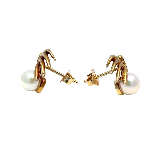 Modern 18k Yellow Gold Diamond Hand Holding Pearl Earrings, A Pair For Sale - Image 3 of 4