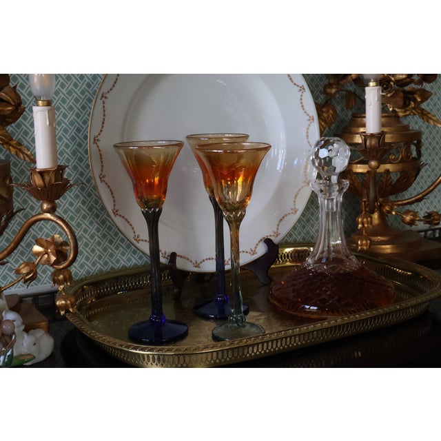 Late 20th Century Late 20th Century Rick Strini Signed Iridescent Amber & Cobalt Tulip Art Glass Goblets, Set of 3 For Sale - Image 5 of 18