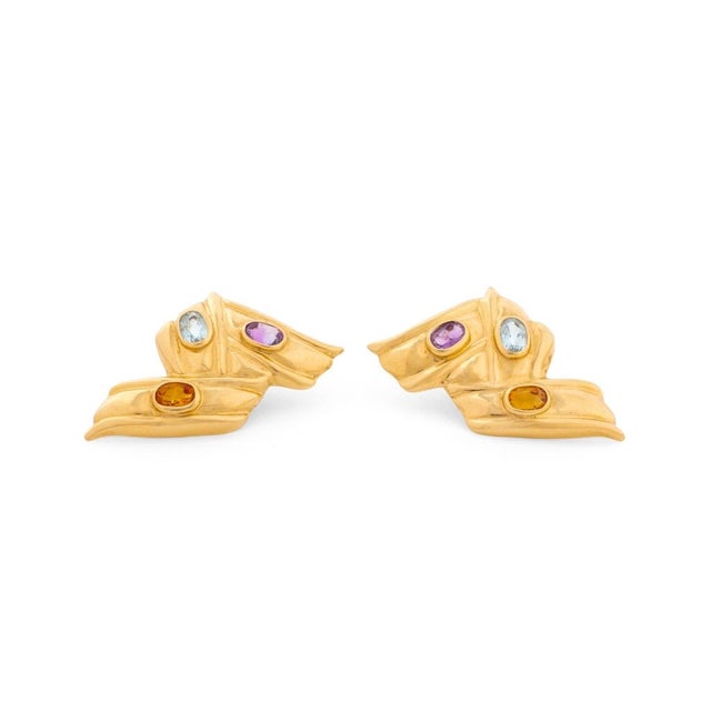 Modern 14k Gold Multi-Gemstone Ribbon Motif Earrings For Sale - Image 3 of 4