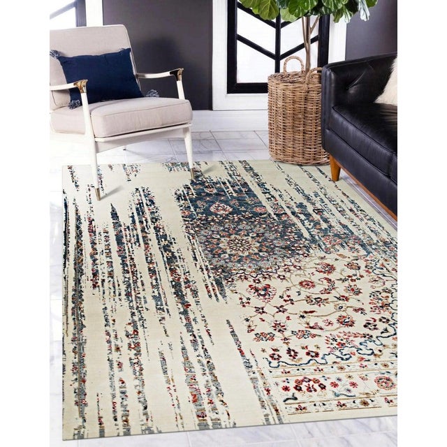 Contemporary 8x10 Ivory Machine Made Wool Viscose Distressed Floral Cascade Geometric Carpet For Sale - Image 3 of 3