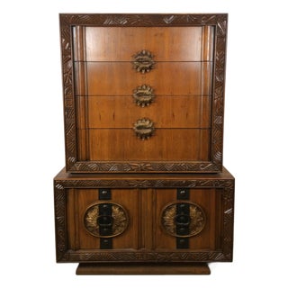 Mid Century Modern Armoire With Five Drawers and Unique Brass Hardware For Sale