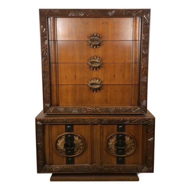 Mid Century Modern Armoire With Five Drawers and Unique Brass Hardware For Sale