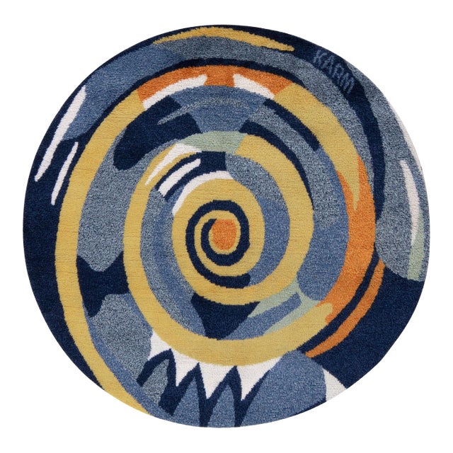 Rug & Kilim’s Scandinavian Rya Style Circle rug in Blue, Yellow Abstract Pattern - 6D For Sale