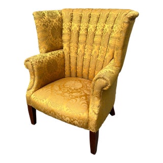 Late 20th Century Yellow Damask Mahogany Wingback Chair For Sale