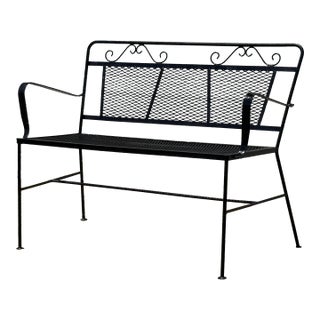 Vintage Woodard Style Wrought Iron Mesh Patio Bench For Sale