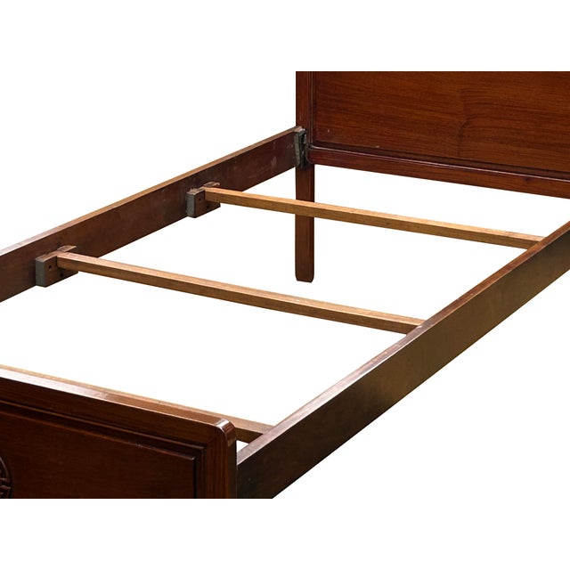 Wood Chinese Oriental Simple Brown Solid Wood Full Size Single Bed Frame For Sale - Image 7 of 12