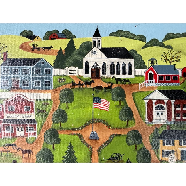 1985 Nancy Lucek Folk Art Village Landscape Oil Painting on Canvas, Framed For Sale - Image 9 of 12