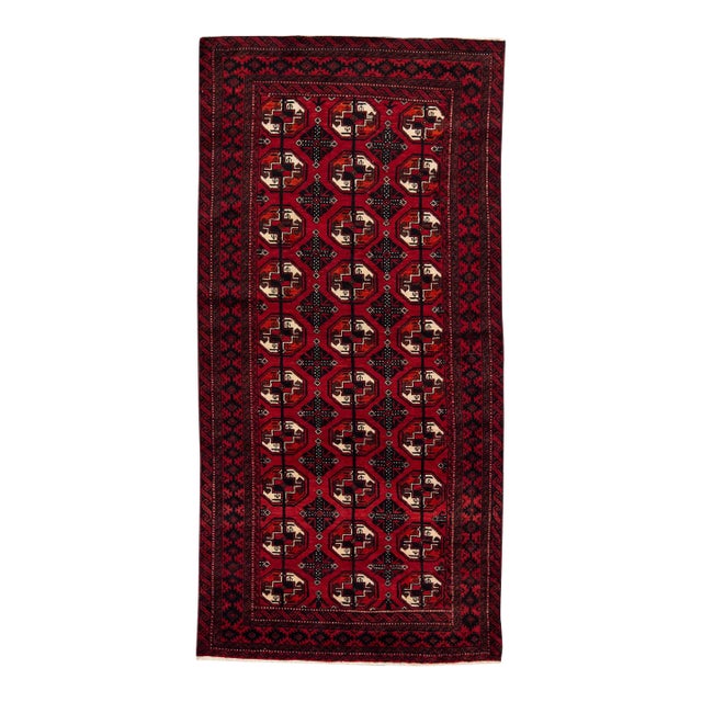 1920s Red Antique Handmade Persian Turkmen Wool Rug With Geometric Motif For Sale