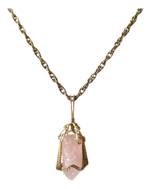 Vintage Rose Quartz Pendant With Gold Tone Chain 14" H