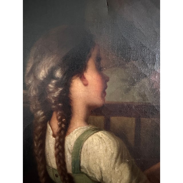 Brown Large Antique European Oil Painting 19th Century Interior Genre Scene Children For Sale - Image 8 of 18