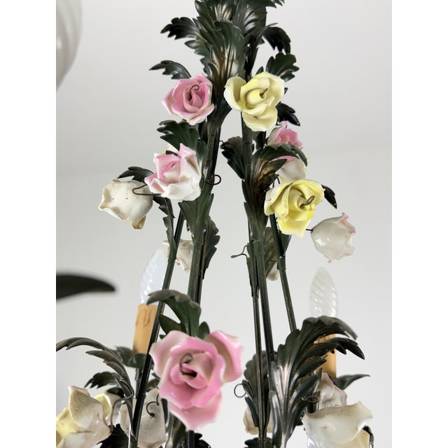 Florentine Six-Light Chandelier in Wrought Iron and Porcelain, 1970s For Sale - Image 4 of 11