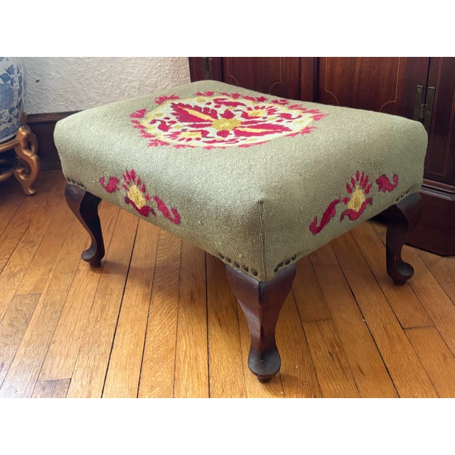 George Smith Antique Embroidered Needlepoint Ottoman or Footstool For Sale - Image 4 of 10