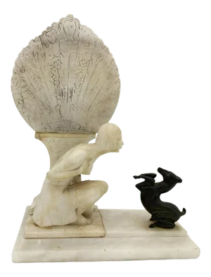 1920s Hand Carved Art Deco Nude Flapper Girl Alabaster Table Lamp W/ Bronze Gazelle